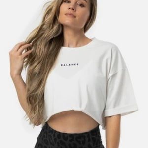Balance Athletica RARE Cropped Tee White Brown Font